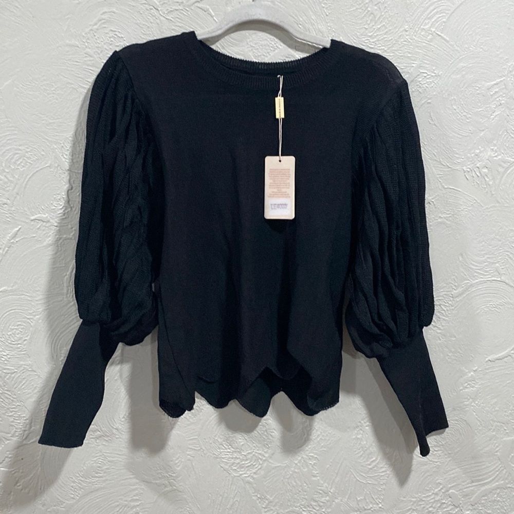 Maria Pavan Brazilian boho ruffle balloon sleeve black blouse size large NWT